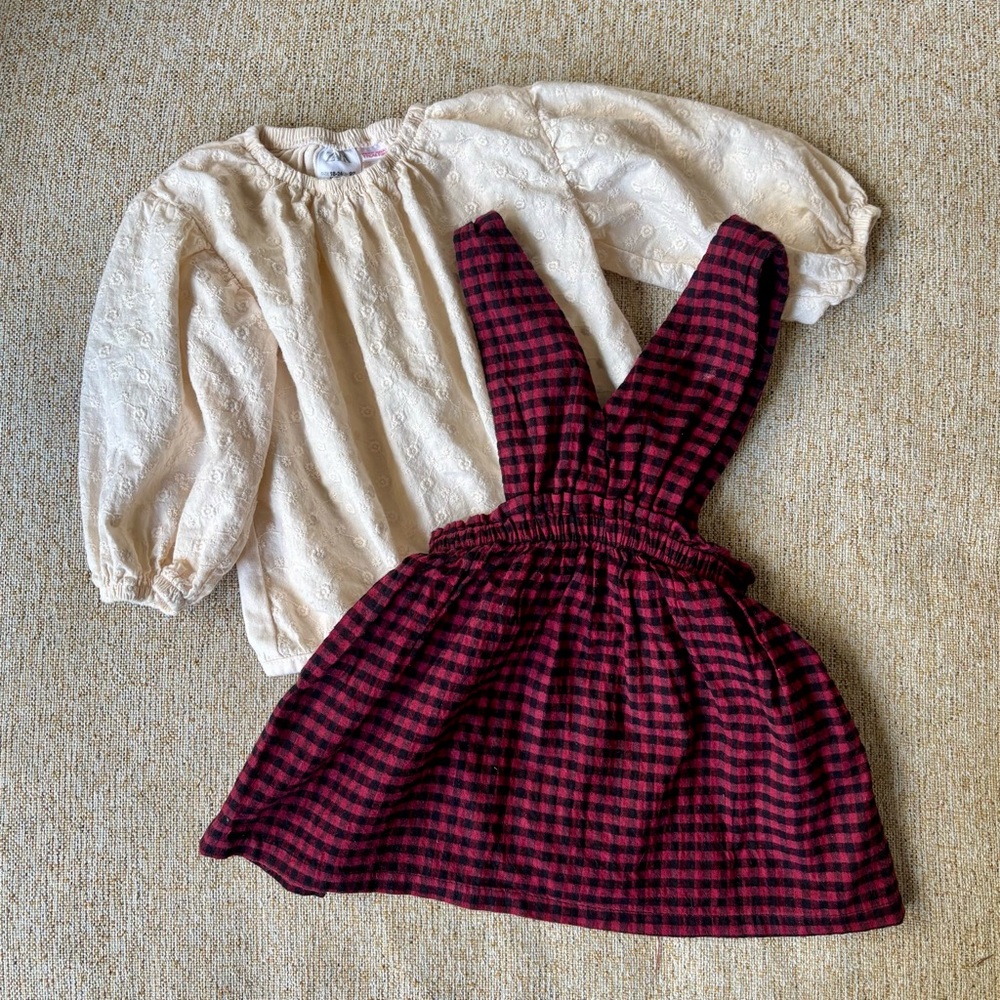 Zara - Red/black Plaid Pinafore & Cream Puff-sleeve Pull-over, 18-24M